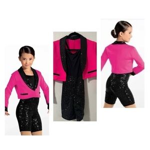 Weissman Dance Costume Girls Hot Pink MC Med 11-12 Jazz Sequin Tap Spandex 14335